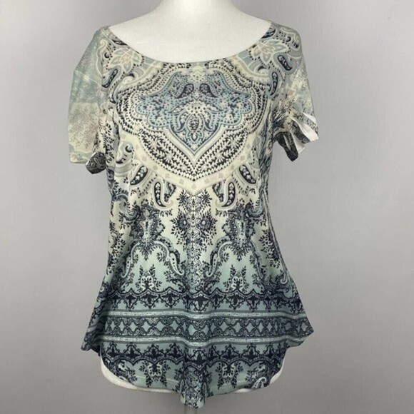 World Unity Blouse Womens Small Short Sleeve Beaded Scoop Neck Ladies Top Casual - Picture 2 of 10